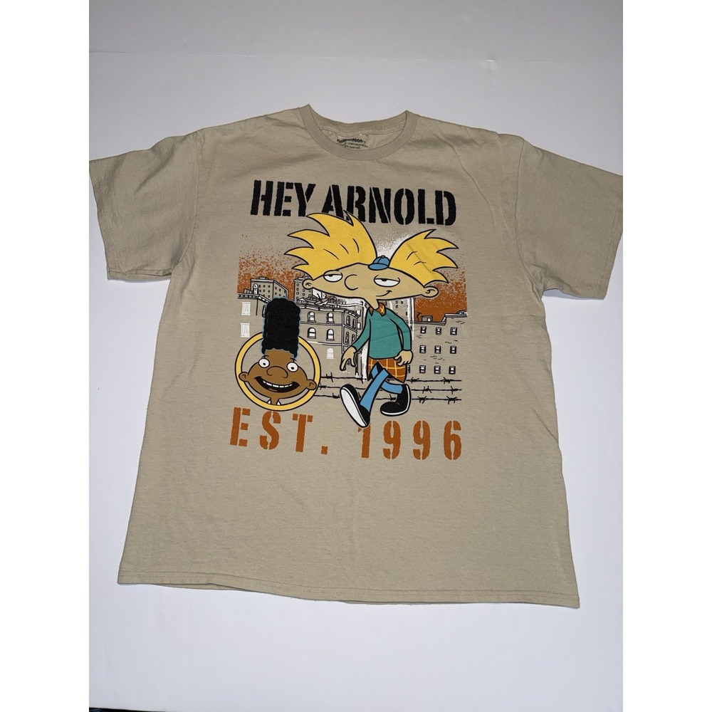Hey Arnold Men Large T-Shirt Nickelodeon Graphic Beige Cartoon 90s Gerald Cotton